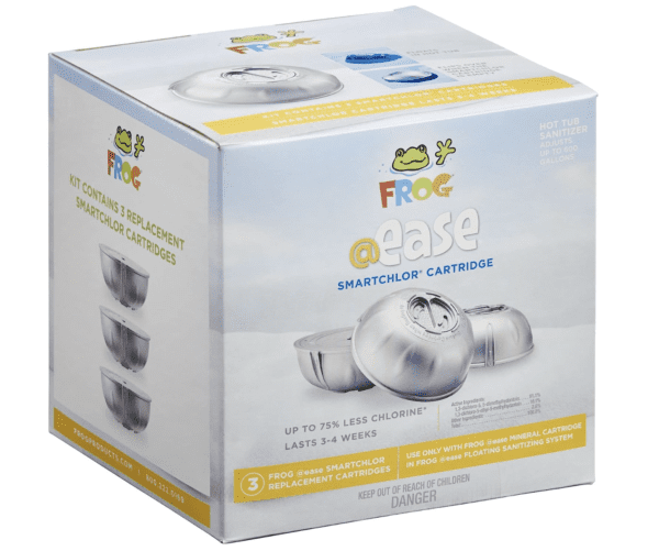 A box with three Frog @Ease Replacement SmartChlor Chlorine Cartridges - 3 Pack in front of it.